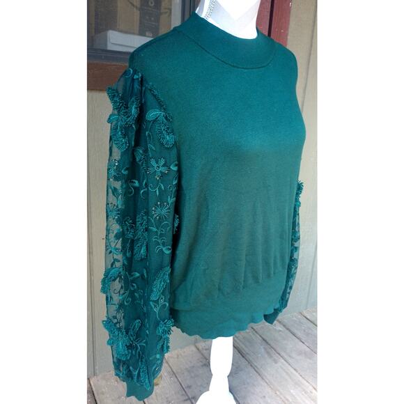 Joseph A Evergreen Crew Neck Sweater with Chiffon Embroidered Overlay Sleeves XL - Picture 2 of 9